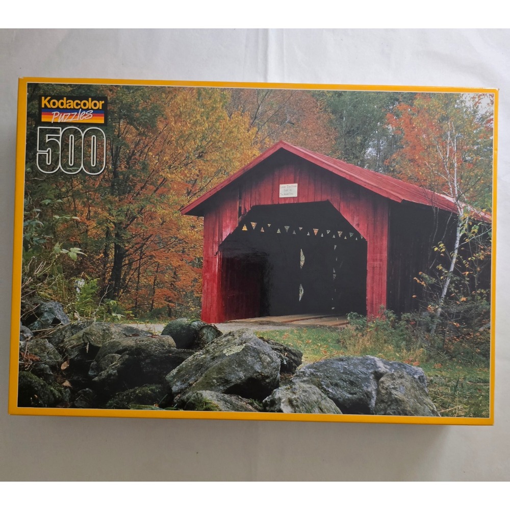 VTG 1991 Kodacolor 500 Piece‎ Puzzle Red Covered Bridge Fall Rose Art New Sealed
